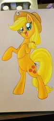 Size: 454x1008 | Tagged: safe, artist:novadoesarts, derpibooru import, applejack, earth pony, pony, g4, female, looking at you, mare, open mouth, open smile, rearing, smiling, solo, traditional art