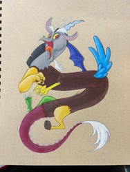 Size: 1536x2048 | Tagged: safe, artist:novadoesarts, derpibooru import, discord, draconequus, g4, looking at you, male, open mouth, open smile, smiling, solo, spread wings, traditional art, wings