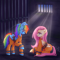 Size: 1000x1000 | Tagged: safe, artist:julieee3e, derpibooru import, fluttershy, rainbow dash, pegasus, pony, g4, bound wings, clothes, commissioner:rainbowdash69, cuffed, duo, female, jail, jail cell, jumpsuit, mare, never doubt rainbowdash69's involvement, prison, prison cell, prison outfit, prisoner, prisoner ft, prisoner rd, wings