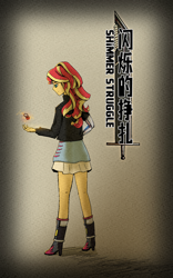 Size: 1200x1920 | Tagged: safe, artist:brella, derpibooru import, sunset shimmer, human, equestria girls, g4, amputee, chinese, cover, english, geode of empathy, magical geodes, prosthetic arm, prosthetic limb, prosthetics, sword, text, weapon