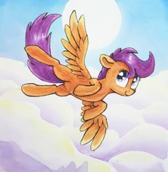 Size: 2600x2660 | Tagged: safe, artist:chevaleto, derpibooru exclusive, derpibooru import, scootaloo, pegasus, pony, g4, cloud, cloudy, female, filly, flying, foal, scootaloo can fly, solo, spread wings, sun, traditional art, watercolor painting, wings