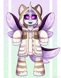 Size: 2880x3696 | Tagged: safe, artist:madelinne, derpibooru import, oc, oc only, changedling, changeling, bipedal, changedling oc, changeling oc, clothes, female, hoodie, mare, purple changeling, solo, white changeling