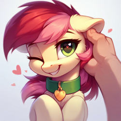 Size: 1024x1024 | Tagged: safe, ai content, derpibooru import, generator:pony diffusion v6 xl, generator:stable diffusion, machine learning generated, roseluck, earth pony, human, pony, collar, cute, fluffy, grin, hand, heart, heart eyes, human on pony petting, offscreen character, offscreen human, one eye closed, pet tag, petting, pony pet, prompter:doom9454, rosepet, smiling, wingding eyes
