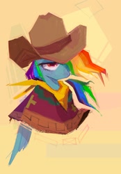 Size: 1640x2360 | Tagged: safe, artist:meowmeows, derpibooru import, rainbow dash, pegasus, pony, g4, abstract background, bust, cowboy, cowboy hat, cowgirl, folded wings, hat, simple background, solo, wings, yellow background