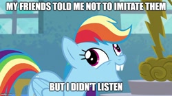 Size: 888x499 | Tagged: safe, derpibooru import, edit, edited screencap, screencap, rainbow dash, newbie dash, caption, exploitable meme, faic, forthright filly, i didn't listen, image macro, imgflip, meme, solo, text