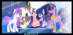 Size: 3352x1628 | Tagged: safe, artist:thunderspeedyt, derpibooru import, pound cake, princess flurry heart, twilight sparkle, oc, oc:blazing nova, oc:rasberry fluff, oc:star wishes, alicorn, pegasus, pony, g4, aunt and niece, auntie twilight, base used, concave belly, cousins, crystal castle, diverse body types, family, female, filly, foal, folded wings, group, height difference, husband and wife, male, mare, married couple, offspring, older, older flurry heart, older pound cake, older twilight, parent:flash sentry, parent:pound cake, parent:princess flurry heart, parent:twilight sparkle, parents:flashlight, parents:poundflurry, passepartout, slender, sofa, stallion, tall, thin, wings