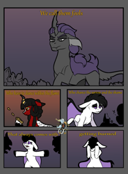 Size: 1279x1734 | Tagged: safe, artist:brainiac, derpibooru import, oc, oc:ebony inks, oc:facsimile, oc:ruby kirin, bat pony, changeling, kirin, unicorn, comic:standing outside the fire, based on a song, changeling king, comic, female, garth brooks, male, mare, song reference, stallion