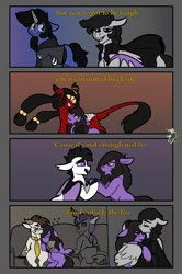 Size: 1332x2008 | Tagged: safe, artist:brainiac, derpibooru import, oc, oc:brainiac, oc:brush stroke, oc:ebony inks, oc:facsimile, oc:gote, oc:nightingale, oc:ruby kirin, bat pony, changeling, goat, kirin, pegasus, unicorn, comic:standing outside the fire, based on a song, changeling king, comic, female, garth brooks, male, mare, song reference, stallion