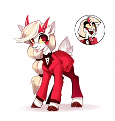 Size: 2328x2456 | Tagged: safe, artist:buvanybu, derpibooru import, demon, demon pony, goat, hybrid, original species, pony, :p, charlie morningstar, clothes, cloven hooves, crossover, demon goat, demon goat pony, female, goat pony, goatified, hazbin hotel, hellaverse, hellborn, looking at you, meta, pac-man eyes, ponified, ponytail, shadow, simple background, solo, species swap, suit, tongue, tongue out, twitter, twitter link, white background