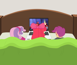 Size: 5156x4317 | Tagged: safe, artist:gmaplay, derpibooru import, apple bloom, scootaloo, sweetie belle, equestria girls, g4, bed, computer, cutie mark crusaders, female, laptop computer, resting, solo, trio, trio female