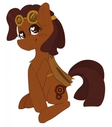 Size: 1119x1280 | Tagged: safe, artist:oddends, derpibooru import, oc, oc only, oc:ramaon cogwright, earth pony, pony, brown eyes, brown mane, dreadlocks, female, freckles, goggles, goggles on head, simple background, sketch, smiling, solo, steampunk, white background