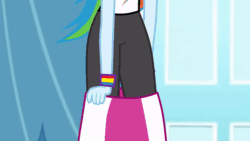 Size: 960x540 | Tagged: safe, artist:octosquish7260, derpibooru import, rainbow dash, human, equestria girls, g4, animated, clothes, female, gif, legs, pulling, skirt, solo, wristband