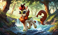 Size: 5120x3072 | Tagged: safe, ai content, derpibooru import, generator:pony diffusion v6 xl, generator:purplesmart.ai, generator:stable diffusion, machine learning generated, autumn blaze, kirin, g4, ear fluff, ears, female, forest, nature, open mouth, open smile, prompter:kluknawa235, river, smiling, splash, tree, water