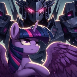 Size: 1024x1024 | Tagged: safe, ai content, derpibooru import, generator:dall-e 3, machine learning generated, twilight sparkle, twilight sparkle (alicorn), alicorn, robot, badass, crossed arms, female, gundam, mare, pose, prompter needed, solo, solo female