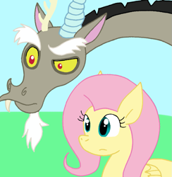 Size: 855x877 | Tagged: safe, artist:cmara, derpibooru import, discord, fluttershy, draconequus, pegasus, pony, female, male