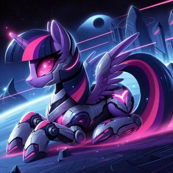 Size: 1024x1024 | Tagged: safe, ai content, derpibooru import, generator:dall-e 3, machine learning generated, twilight sparkle, pony, robot, robot pony, prompter needed, roboticization, twibot