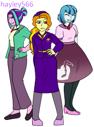 Size: 1660x2260 | Tagged: safe, artist:hayley566, derpibooru import, adagio dazzle, aria blaze, sonata dusk, equestria girls, g4, 1950s, 50's fashion, 50s, alternate hairstyle, belt, clothes, commission, dress, eyes closed, fedora, female, flats, gem, grin, hat, high heels, pants, shirt, shoes, simple background, siren gem, skirt, smiling, stockings, suit, the dazzlings, thigh highs, transparent background, trio, trio female