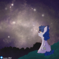 Size: 3000x3000 | Tagged: safe, artist:juniverse, derpibooru import, oc, oc only, earth pony, pony, commission, grass, looking up, mountain, night, scenery, sitting, solo, stars