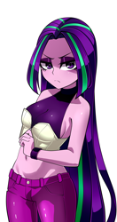 Size: 1600x3034 | Tagged: safe, artist:nekojackun, derpibooru import, aria blaze, equestria girls, g4, alternate hairstyle, angry, aria bazookas, bare shoulders, belly button, breasts, clothes, eyeshadow, female, frown, intimidating, long hair, looking at you, makeup, midriff, pants, scowl, sideboob, simple background, sleeveless, solo, unzipping, white background, wristband