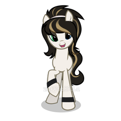 Size: 2500x2505 | Tagged: safe, artist:sunbusting, artist:zeffdakilla, derpibooru import, oc, oc only, oc:lockette, earth pony, pony, bracelet, brown mane, ear piercing, emo, female, jewelry, lidded eyes, lip piercing, looking at you, mare, piercing, raised hoof, raised leg, simple background, smiling, solo, standing, transparent background, vector