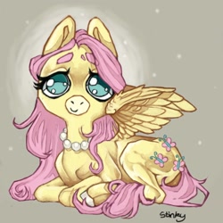 Size: 2000x2000 | Tagged: safe, artist:stinkiit, derpibooru import, fluttershy, pegasus, pony, g4, beige background, big eyes, cute, eyebrows, eyebrows visible through hair, female, high res, jewelry, looking at you, lying down, mare, necklace, partially open wings, pearl necklace, prone, shyabetes, simple background, smiling, smiling at you, solo, wings