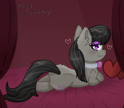 Size: 2500x2165 | Tagged: safe, artist:bubblegooey, derpibooru import, octavia melody, earth pony, pony, g4, art challenge, back, bed, bedroom eyes, behind, black hair, blushing, bow, bowtie, chest fluff, collar, crossed hooves, curtains, cute, ear fluff, ears, eyeshadow, female, floating heart, fluffy, gray coat, heart, heart eyes, heart pillow, high res, hoof fluff, leg fluff, lidded eyes, looking at you, looking back, looking back at you, lying down, makeup, mare, pillow, prone, purple eyes, signature, smiling, smiling at you, solo, sultry pose, tavibetes, text, wingding eyes