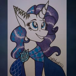 Size: 1073x1073 | Tagged: safe, artist:raritylover152, derpibooru import, rarity, pony, unicorn, better together, equestria girls, g4, the other side, beauty mark, clothes, female, horn, mare, ponified, signature, solo, species swap, traditional art