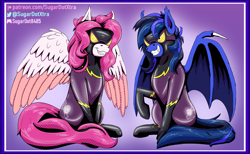 Size: 7296x4500 | Tagged: safe, artist:sugardotxtra, derpibooru import, oc, oc:guard cobalt flash, oc:storm cloud, bat pony, pegasus, pony, bat pony oc, clothes, costume, duo, evil grin, goggles, grin, rubber, rubber suit, shadowbolts, shadowbolts costume, smiling