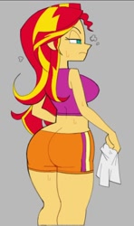 Size: 709x1200 | Tagged: safe, artist:brolycoochie, derpibooru import, sunset shimmer, human, equestria girls, g4, ass, big breasts, breasts, bunset shimmer, butt, clothes, female, gray background, large butt, midriff, rear view, shorts, sideboob, simple background, solo, sunset jiggler, wide hips