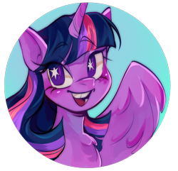 Size: 1280x1233 | Tagged: safe, artist:samix-asb, derpibooru import, part of a set, twilight sparkle, twilight sparkle (alicorn), alicorn, pony, g4, blushing, bust, chest fluff, cutie mark eyes, eye clipping through hair, eyebrows, eyebrows visible through hair, eyelashes, female, icon, mare, multicolored mane, open mouth, open smile, partially open wings, profile picture, purple eyes, simple background, smiling, solo, starry eyes, straight mane, transparent background, wingding eyes, wings