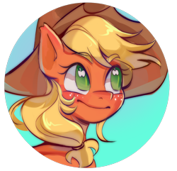Size: 1280x1233 | Tagged: safe, artist:samix-asb, derpibooru import, part of a set, applejack, earth pony, pony, g4, applejack's hat, bust, clothes, colored eyebrows, cowboy hat, cutie mark eyes, eyebrows, eyebrows visible through hair, female, freckles, green eyes, hat, icon, looking away, mare, ponytail, profile picture, smiling, solo, torn ear, wingding eyes, yellow mane