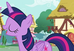 Size: 1048x720 | Tagged: safe, derpibooru import, screencap, twilight sparkle, twilight sparkle (alicorn), alicorn, pony, castle sweet castle, eyes closed, ponyville, solo