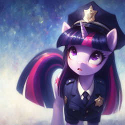 Size: 2048x2048 | Tagged: safe, ai content, derpibooru import, generator:bing image creator, generator:dall-e 3, machine learning generated, twilight sparkle, pony, unicorn, g4, blushing, clothes, hat, high res, looking up, necktie, open mouth, police uniform, prompter:krivovyaz, solo, surprised, surprised face, wrong cutie mark