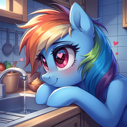 Size: 2048x2048 | Tagged: safe, ai content, derpibooru import, generator:stable diffusion, machine learning generated, rainbow dash, pegasus, pony, g4, blushing, cargo ship, counter, ear fluff, ears, eyebrows, eyebrows visible through hair, female, floating heart, food, generator:confetticomrademix, heart, heart eyes, high res, indoors, kitchen, kitchen sink, mare, prompter:tyto4tme4l, ship:rainbowsink, shipping, shoulder fluff, smiling, solo, spatula, tiles, water, wingding eyes