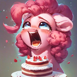 Size: 2048x2048 | Tagged: safe, ai content, derpibooru import, generator:purplesmart.ai, generator:stable diffusion, machine learning assisted, machine learning generated, pinkie pie, earth pony, pony, g4, ahegao, blue eyes, blushing, cake, crying, cute, ear fluff, ears, enjoying, fluffy, food, happy, looking up, open mouth, pink hair, prompter:saltyvity, saliva puddle, smiling, solo, tongue, tongue out