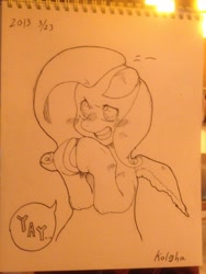 Size: 960x1280 | Tagged: safe, artist:kolgha, derpibooru import, fluttershy, pegasus, pony, grin, hooves together, monochrome, sketch, smiling, solo, speech bubble, traditional art, yay