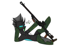 Size: 3232x2098 | Tagged: safe, artist:ashel_aras, derpibooru import, oc, oc only, changeling, changeling oc, clothes, gun, heart, simple background, solo, stockings, thigh highs, transparent background, weapon