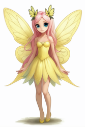 Size: 1024x1536 | Tagged: safe, ai content, derpibooru import, machine learning generated, fluttershy, g4, bare shoulders, clothes, dress, fairy, fairy wings, female, full body, generator:stable cascade, looking at you, prompter:pawels, shadow, shoes, simple background, sleeveless, solo, white background, wings