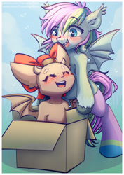 Size: 3506x4961 | Tagged: safe, artist:chaosangeldesu, derpibooru import, oc, bat pony, pony, bat pony oc, bat wings, blushing, bow, box, clothes, cute, female, mare, pony in a box, socks, wings