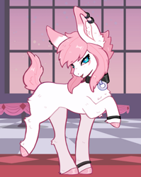 Size: 1711x2153 | Tagged: safe, artist:kazuoii, derpibooru import, oc, oc:moky, earth pony, pony, blue eyes, canterlot castle, chest fluff, collar, ear piercing, ear tufts, earth pony oc, eyelashes, eyeliner, female, female oc, fetlock tuft, heart, heart eyes, hooves, looking at you, makeup, open mouth, piercing, pink coat, pink mane, pink tail, pose, raised hoof, raised leg, solo, tail, wingding eyes