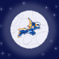 Size: 720x720 | Tagged: safe, artist:nitobit, derpibooru import, oc, oc only, oc:moonlight wane, bat pony, claws, flying, full moon, male, moon, night, pale belly, pixel art, solo, stallion, stars