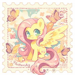 Size: 1024x1024 | Tagged: safe, ai content, derpibooru import, machine learning generated, fluttershy, butterfly, pegasus, pony, g4, blush sticker, blushing, cute, flower, flower in hair, looking at you, prompter:wazzy88, shyabetes, sitting, smiling, smiling at you, solo, spread wings, stamp, wings
