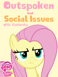 Size: 768x1024 | Tagged: safe, artist:edy_january, derpibooru import, fluttershy, pegasus, pony, series:outpoken and social issues with fluttershy, flutter brutter, g4, background, gossip, parody, poster, serious, serious face, seriously, simple background, solo, yellow background