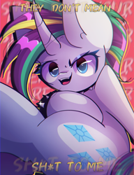 Size: 2000x2600 | Tagged: safe, artist:miryelis, derpibooru import, rarity, pony, unicorn, alternate hairstyle, big ears, butt, censored, censored vulgarity, choker, ears, female, horn, looking at you, makeup, mare, punk, raripunk, rearity, short hair, smiling, solo, song reference, spiked choker, swearing, vulgar