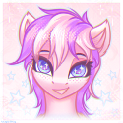 Size: 2100x2100 | Tagged: safe, artist:adagiostring, derpibooru import, oc, oc only, pegasus, abstract background, bust, cutie, female, headshot commission, looking at you, pegasus oc, portrait, smiling, smiling at you, solo, sparkles, stars