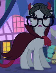 Size: 670x875 | Tagged: safe, derpibooru import, screencap, raven, sunshower raindrops, writing desk, earth pony, pegasus, pony, g4, luna eclipsed, cape, clothes, costume, cropped, devil costume, devil tail, female, frown, glasses, horns, mare, nightmare night costume, open mouth, solo focus, tail