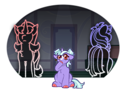 Size: 1020x750 | Tagged: safe, artist:queerhorses, derpibooru import, double diamond, starlight glimmer, oc, oc:star glow, earth pony, pony, unicorn, cloven hooves, colored hooves, female, filly, foal, male, next generation, offspring, parent:double diamond, parent:starlight glimmer, parents:glimmerdiamond, pigtails