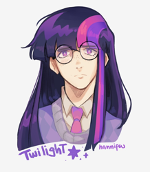 Size: 752x861 | Tagged: safe, artist:hannipw, derpibooru import, twilight sparkle, human, g4, clothes, eyebrows, eyebrows visible through hair, female, freckles, frown, glasses, humanized, looking at you, multicolored hair, necktie, pale skin, purple eyes, purple text, round glasses, signature, simple background, solo, sparkles, straight hair, sweater vest, text, white background, wingding eyes