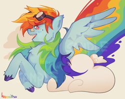 Size: 1280x1020 | Tagged: safe, artist:hannipw, derpibooru import, rainbow dash, pegasus, pony, g4, alternate hairstyle, bandaid, bandaid on nose, beauty mark, blushing, cheek fluff, chest fluff, cloud, colored eartips, colored hooves, colored pinnae, ear fluff, ear tufts, ears, eyebrows, eyebrows visible through hair, eyelashes, female, goggles, goggles on head, long hair, looking back, mare, multicolored hair, multicolored mane, on a cloud, open mouth, open smile, pink eyes, profile, rainbow, rainbow hair, raised hooves, signature, smiling, spread wings, teeth, unshorn fetlocks, watermark, wing fluff, wings