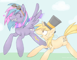 Size: 1280x1001 | Tagged: safe, derpibooru import, oc, oc only, oc:clockwork_creamsicle, oc:skydrifter, pegasus, unicorn, clothes, cutie mark, duo, eyelashes, female, female oc, goggles, hat, heart, horn, male, male oc, monocle, monocle and top hat, pegasus oc, scarf, sweat, sweatdrop, top hat, unicorn oc, wrench